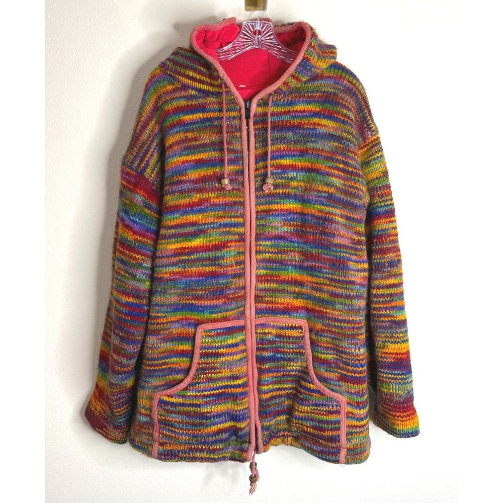 Unbranded Wool Hoodie Women XL Rainbow Striped Fleece Lined Nepal Zip Up Jacket